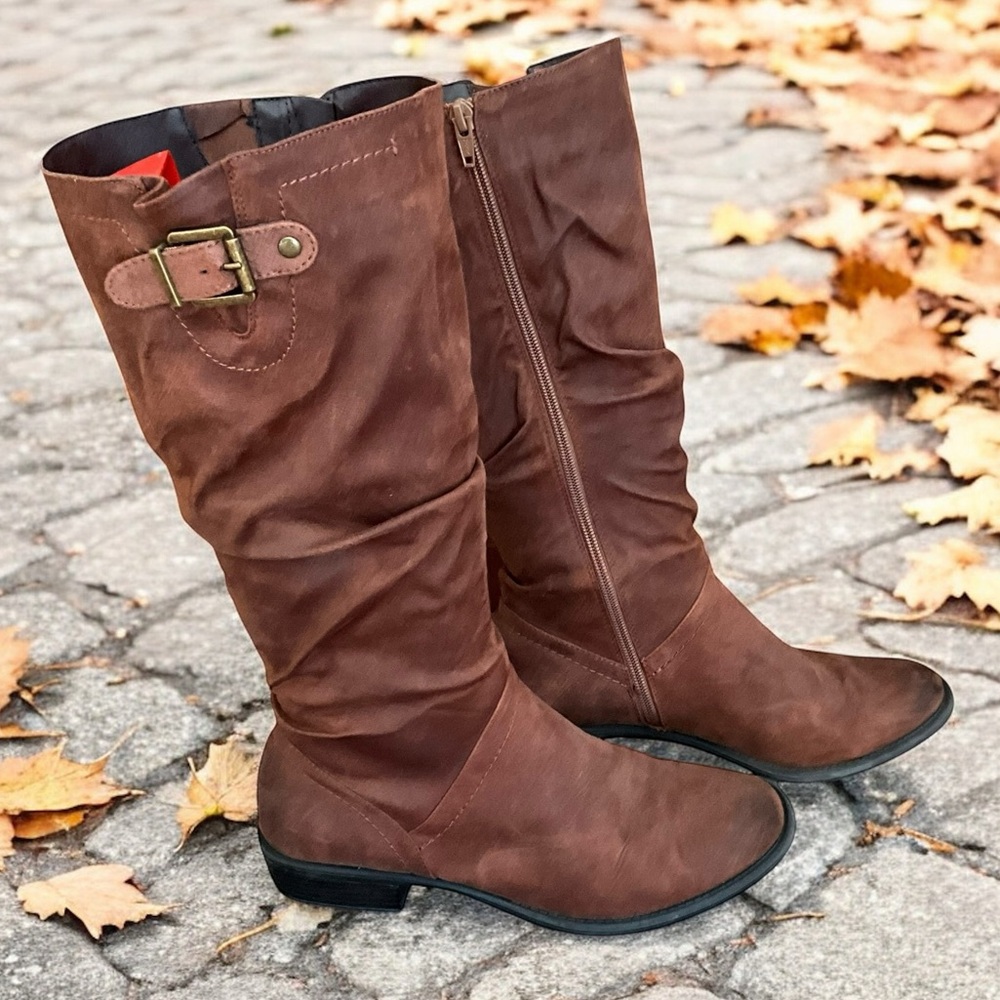 White Mountain Tall Brown Boots Inside Zipper Top Buckle, Size 8.5